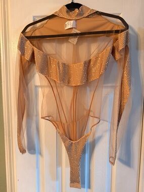 Mugler Nude Mesh Rhinestone-Embellished Long Sleeve Bodysuit